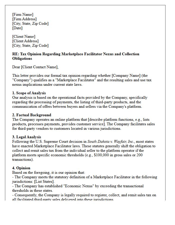 Marketplace Facilitator Nexus Tax Opinion Letter
