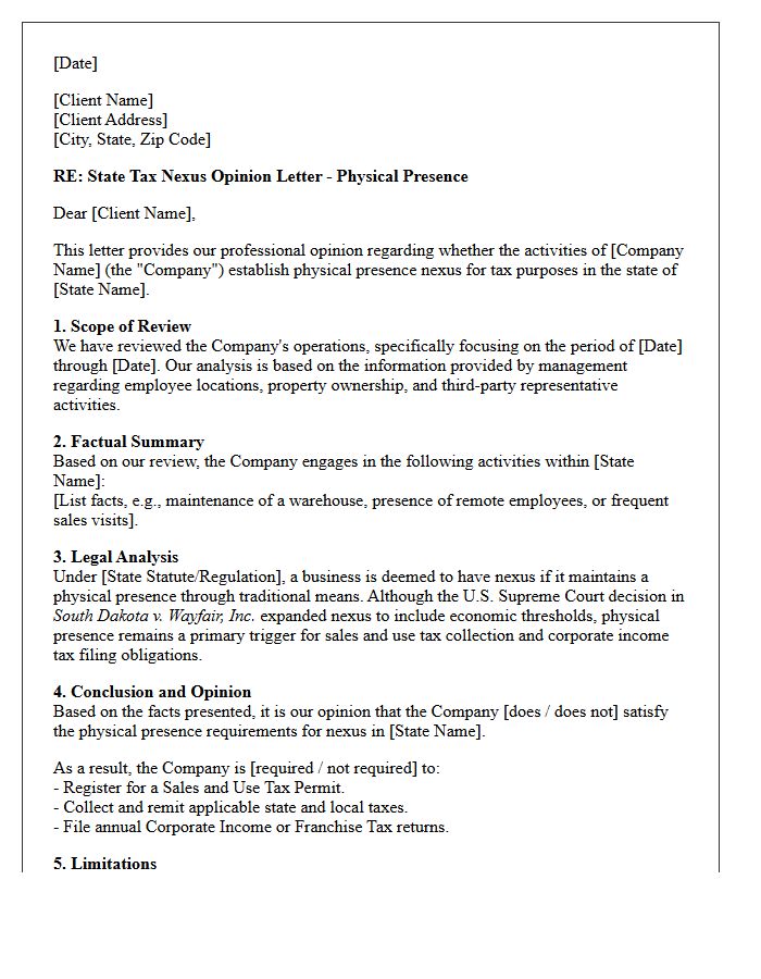 Physical Presence State Tax Nexus Opinion Letter