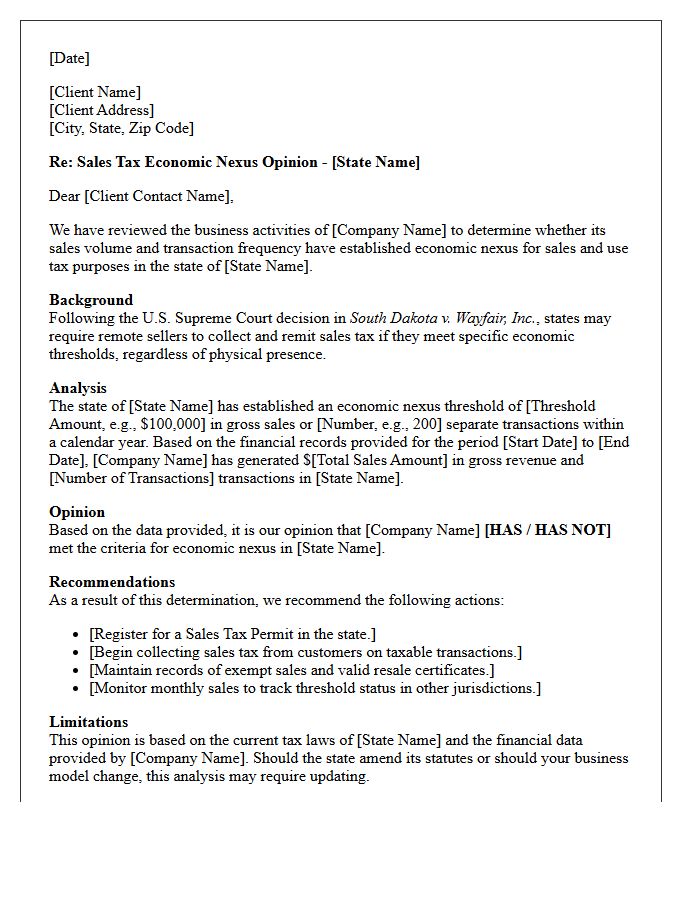 Sales Tax Economic Nexus Opinion Letter