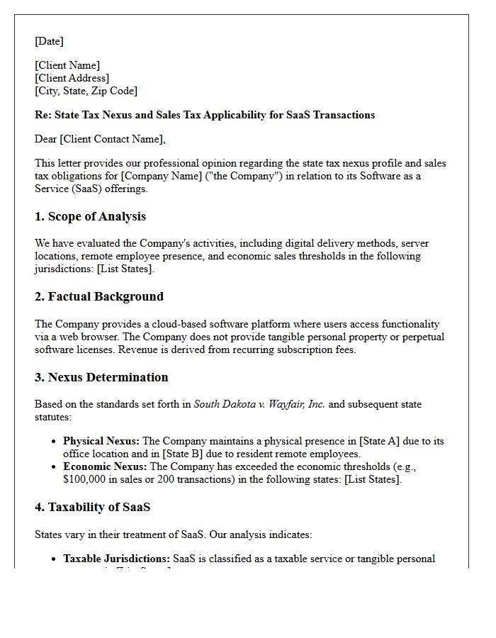 Software As A Service State Nexus Tax Opinion Letter