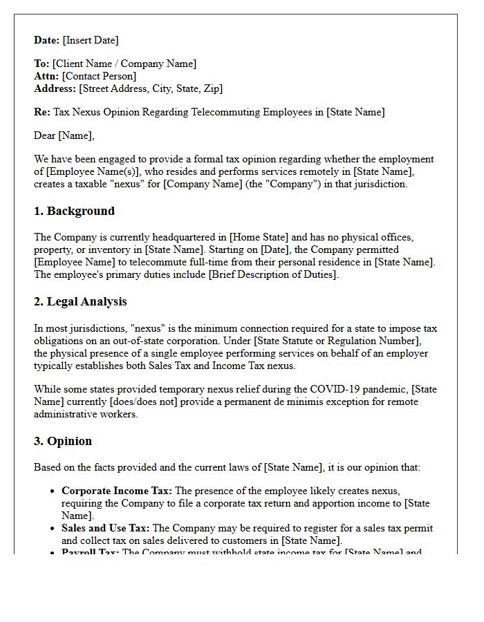 Telecommuting Employee Nexus Tax Opinion Letter