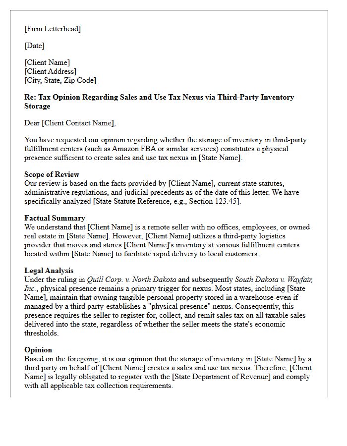 Third-Party Inventory Nexus Tax Opinion Letter