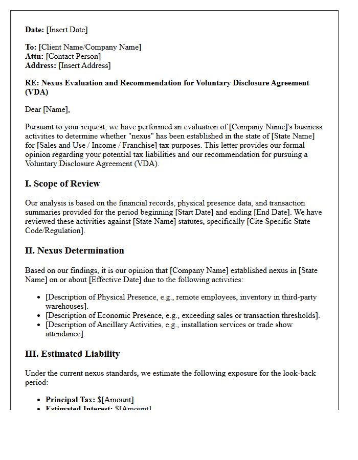 Voluntary Disclosure Agreement Nexus Opinion Letter