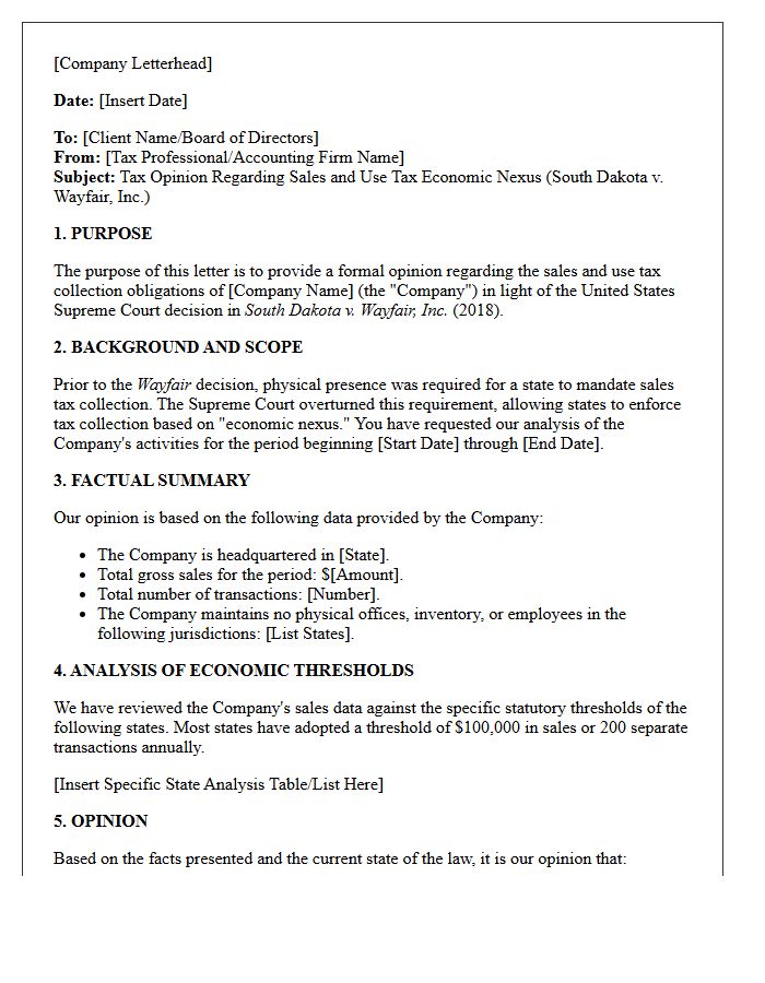 Wayfair Decision Economic Nexus Tax Opinion Letter