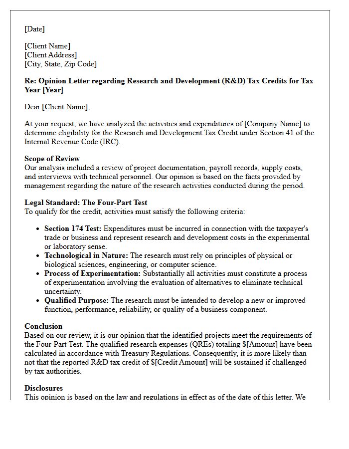 Draft Research and Development Tax Credit Opinion Letter