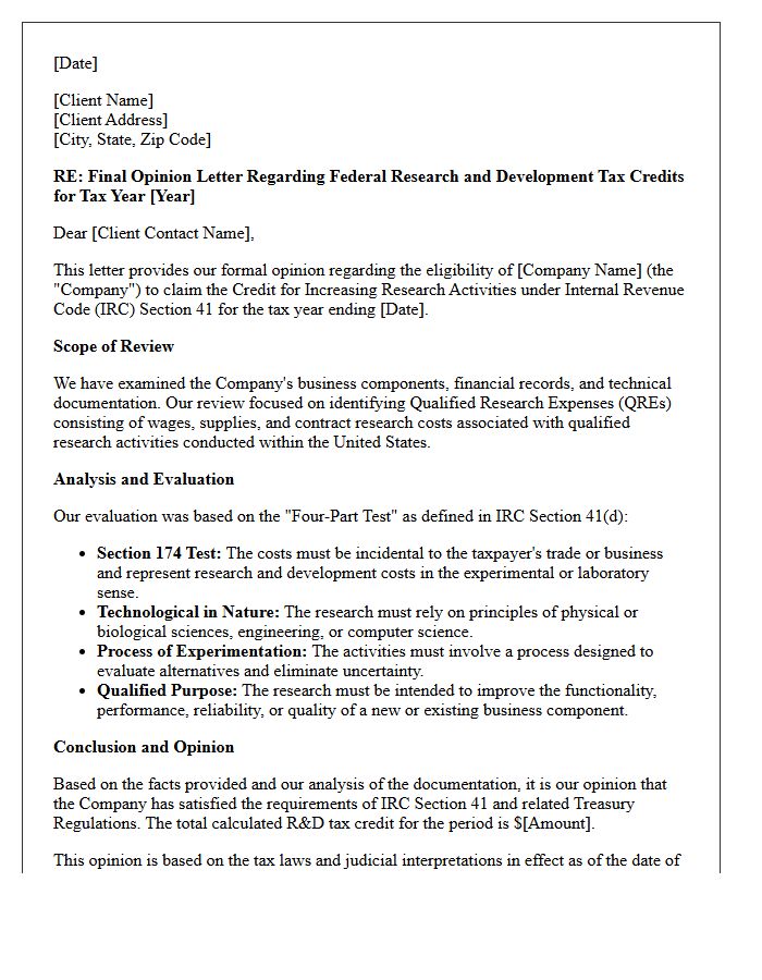 Final Research and Development Tax Credit Opinion Letter