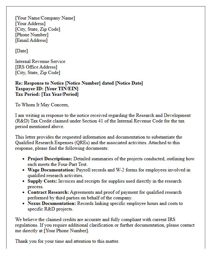 Internal Revenue Service Research and Development Tax Credit Response Letter