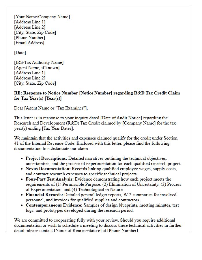 Research and Development Tax Credit Audit Defense Letter