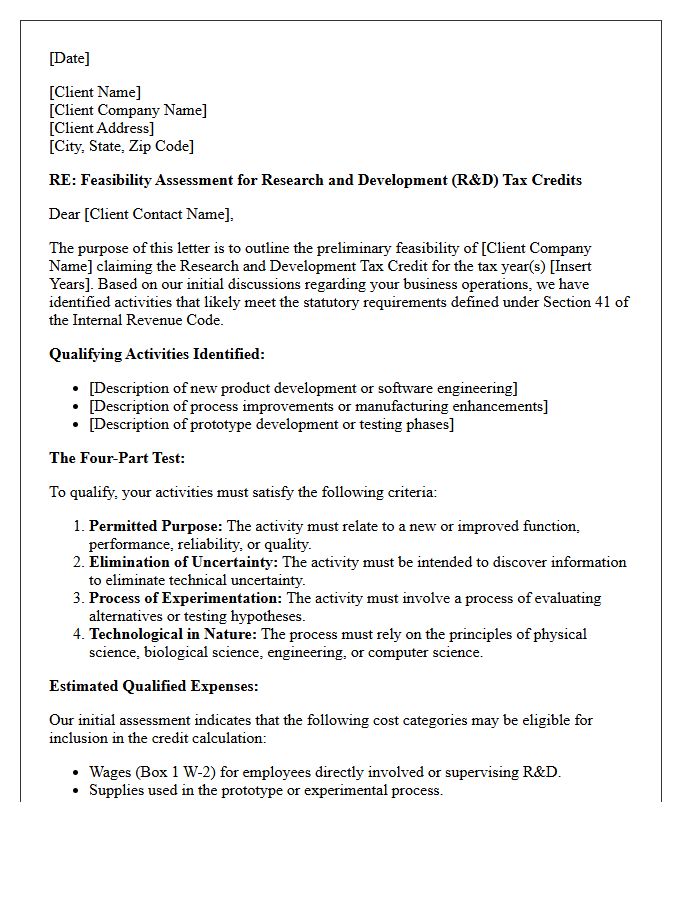 Research and Development Tax Credit Feasibility Letter