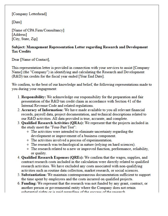 Research and Development Tax Credit Management Representation Letter