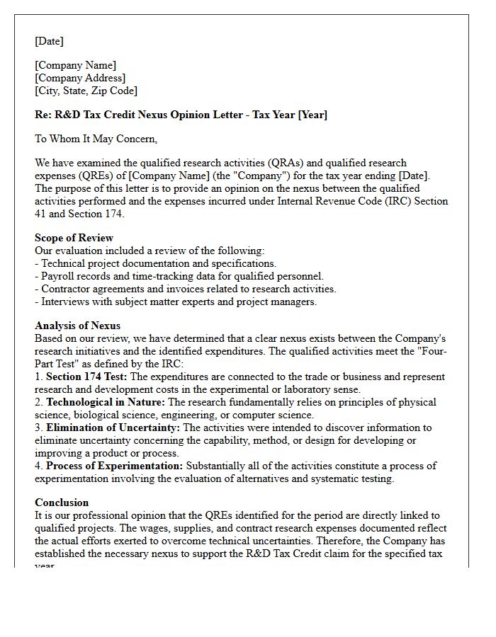 Research and Development Tax Credit Nexus Opinion Letter