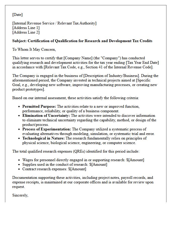 Research and Development Tax Credit Qualification Letter