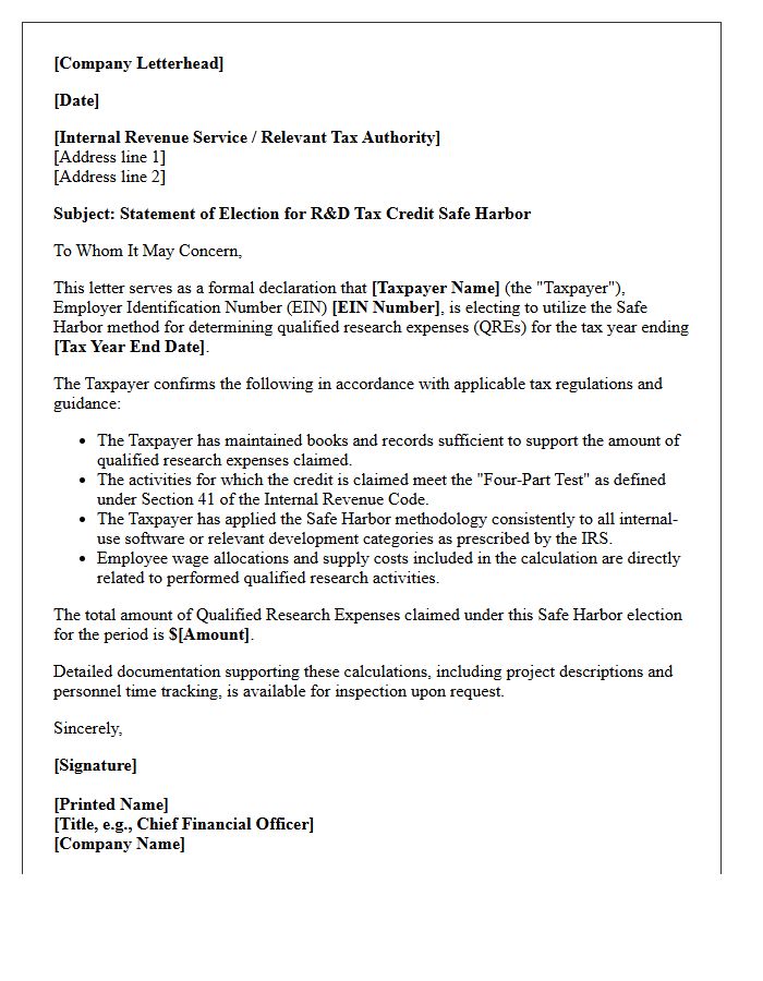 Research and Development Tax Credit Safe Harbor Letter