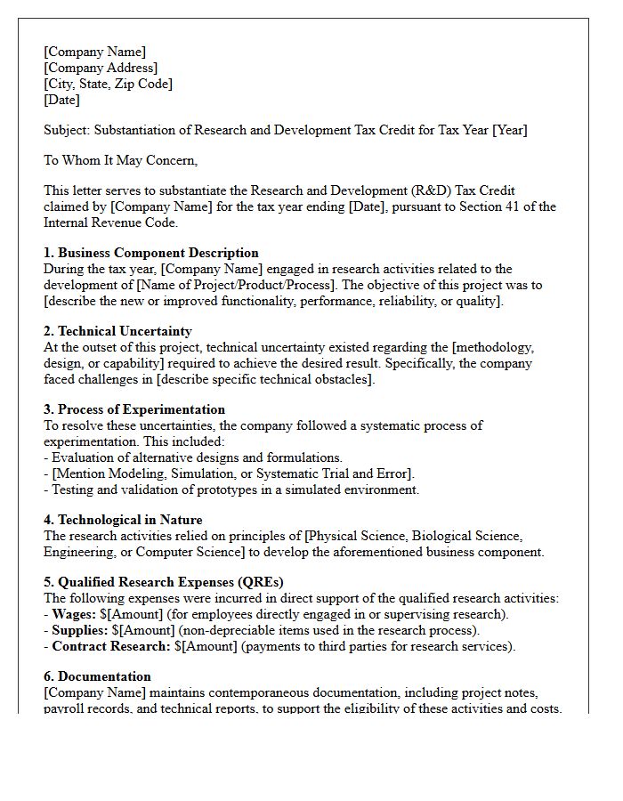 Research and Development Tax Credit Substantiation Letter