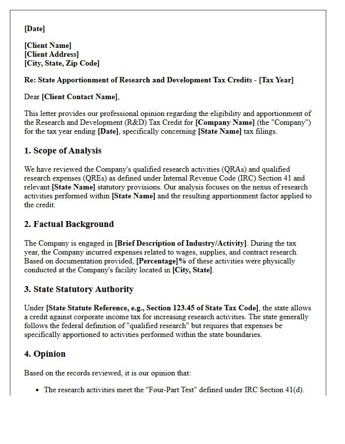State Apportionment Research and Development Tax Credit Opinion Letter