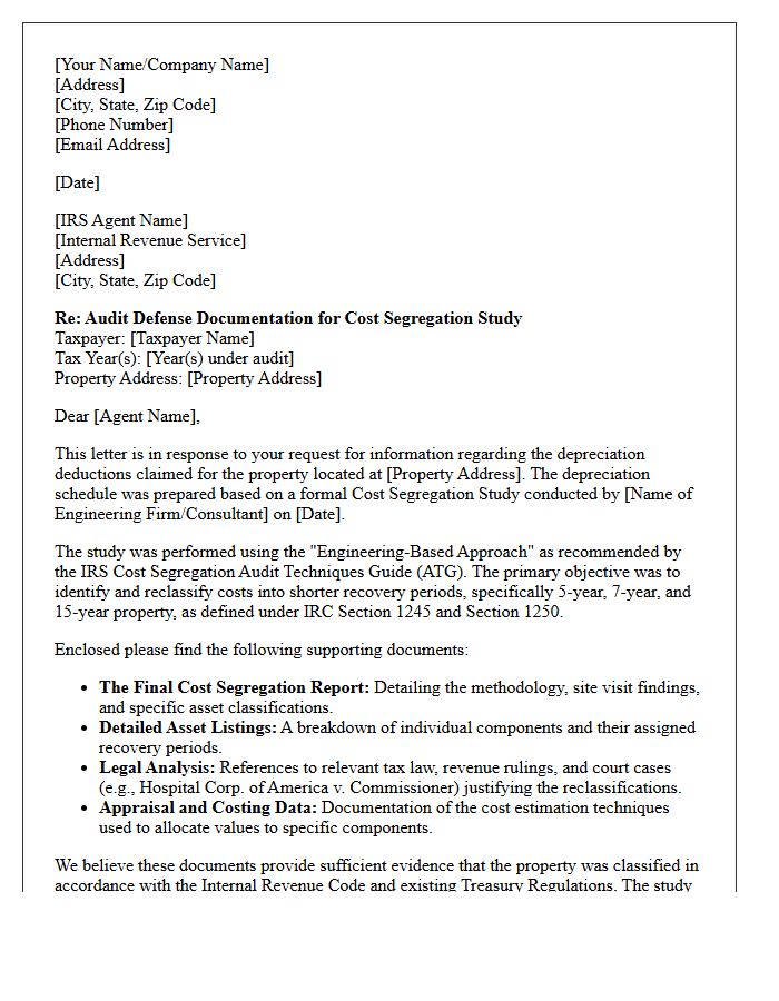 Cost Segregation Audit Defense Letter