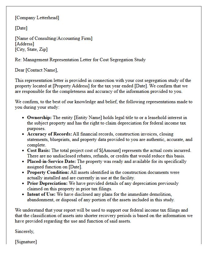 Cost Segregation Management Representation Letter