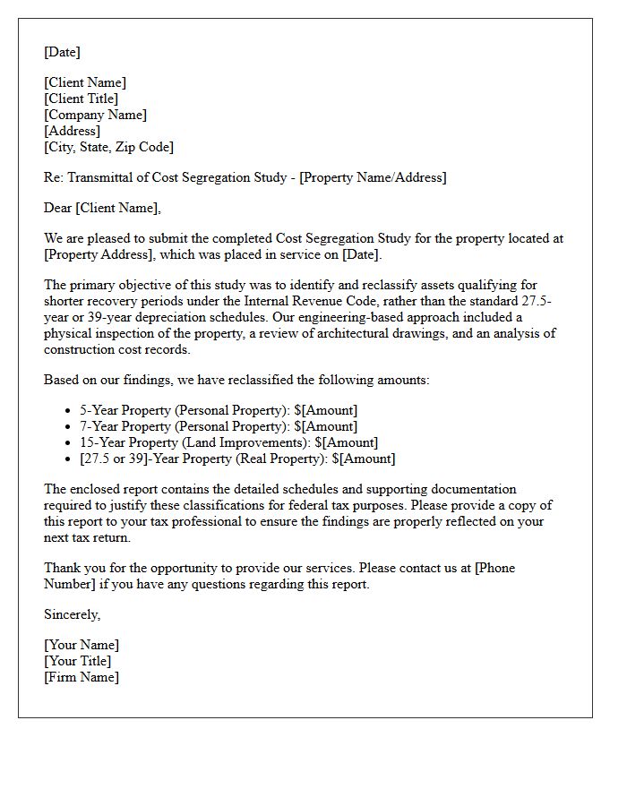 Cost Segregation Study Transmittal Letter