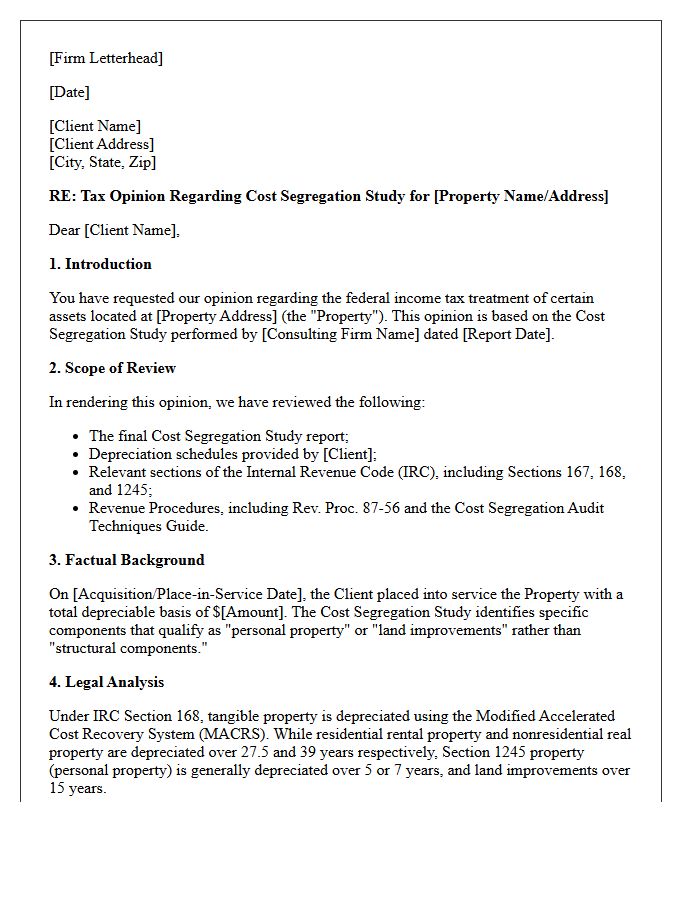 Draft Cost Segregation Tax Opinion Letter