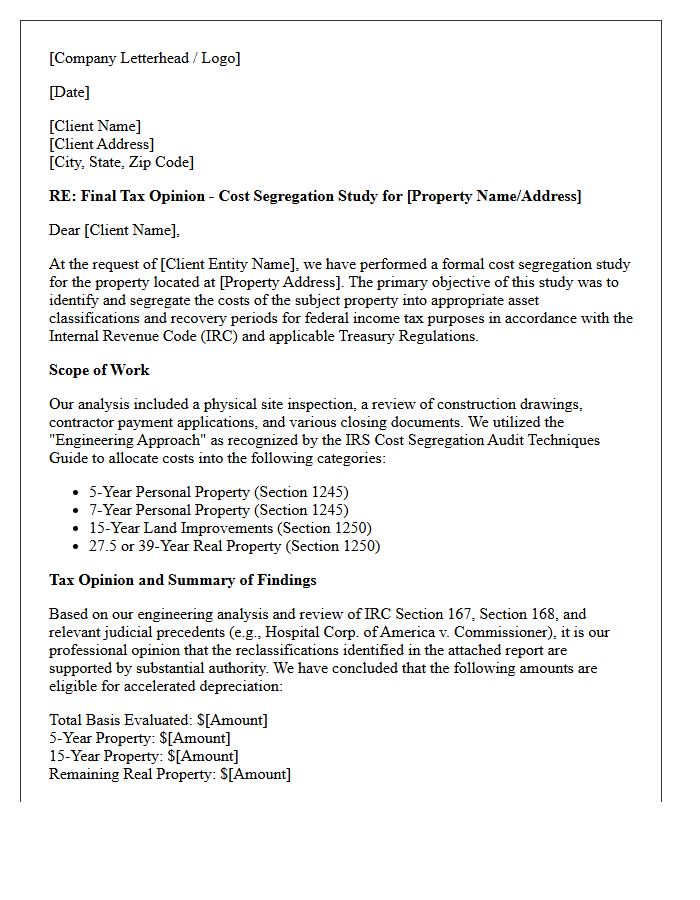 Final Cost Segregation Tax Opinion Letter