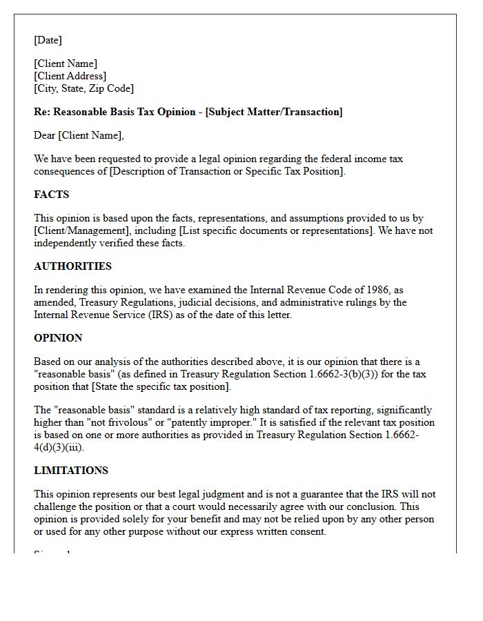 Reasonable Basis Tax Opinion Letter