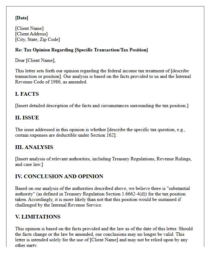 Substantial Authority Tax Opinion Letter