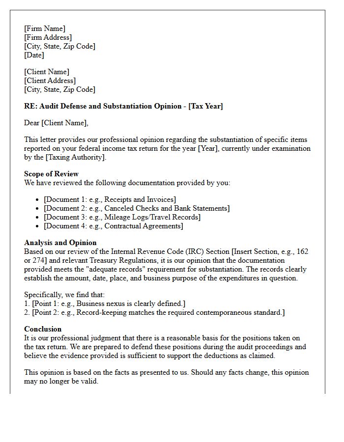 Audit Defense and Substantiation Opinion Letter