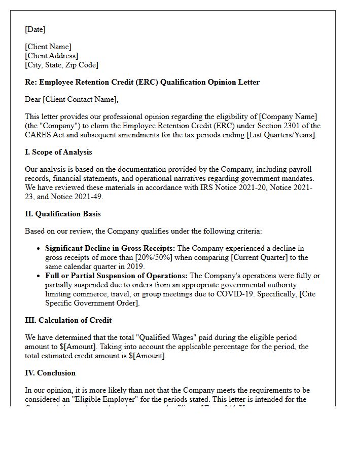 Employee Retention Credit Qualification Opinion Letter