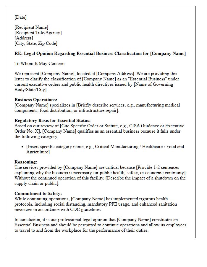 Essential Versus Nonessential Business Classification Opinion Letter