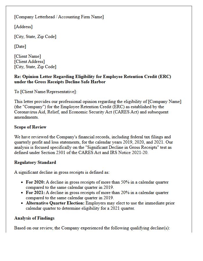 Gross Receipts Decline Safe Harbor Opinion Letter