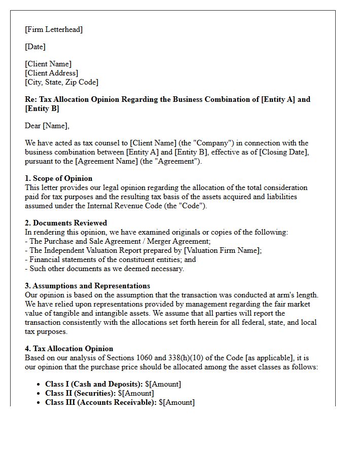 Business Combination Tax Allocation Opinion Letter