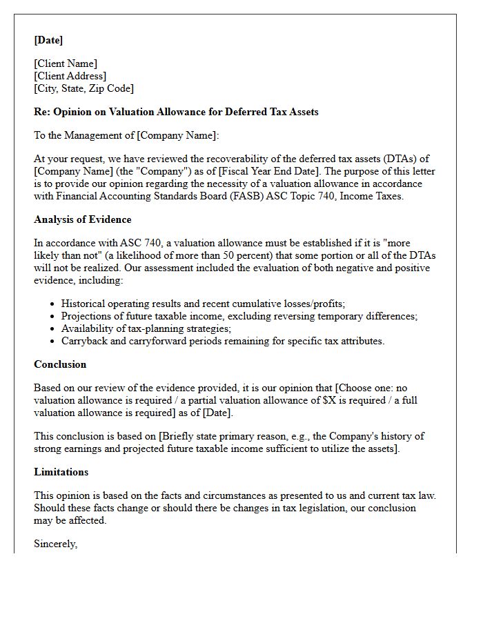 Deferred Tax Asset Valuation Allowance Opinion Letter