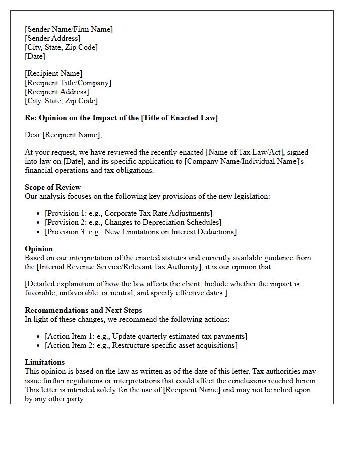 Enacted Tax Law Change Impact Opinion Letter