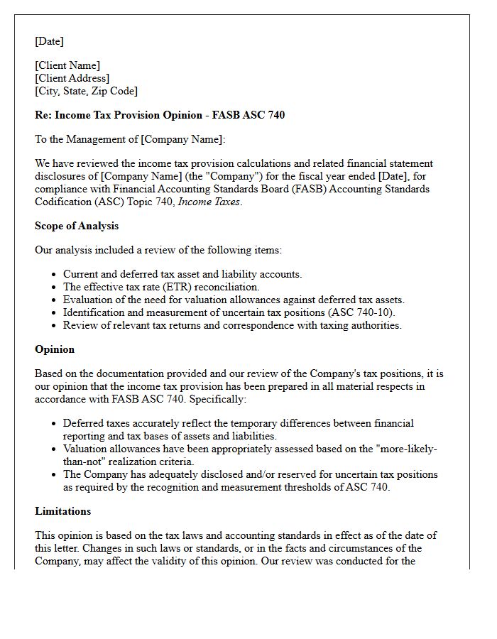 FASB ASC 740 Income Tax Provision Opinion Letter