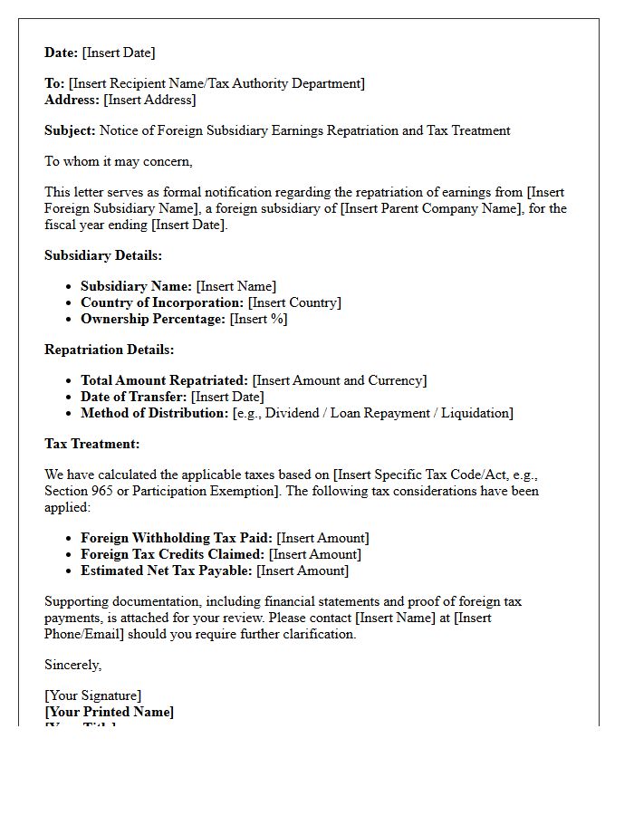 Foreign Subsidiary Earnings Repatriation Tax Letter