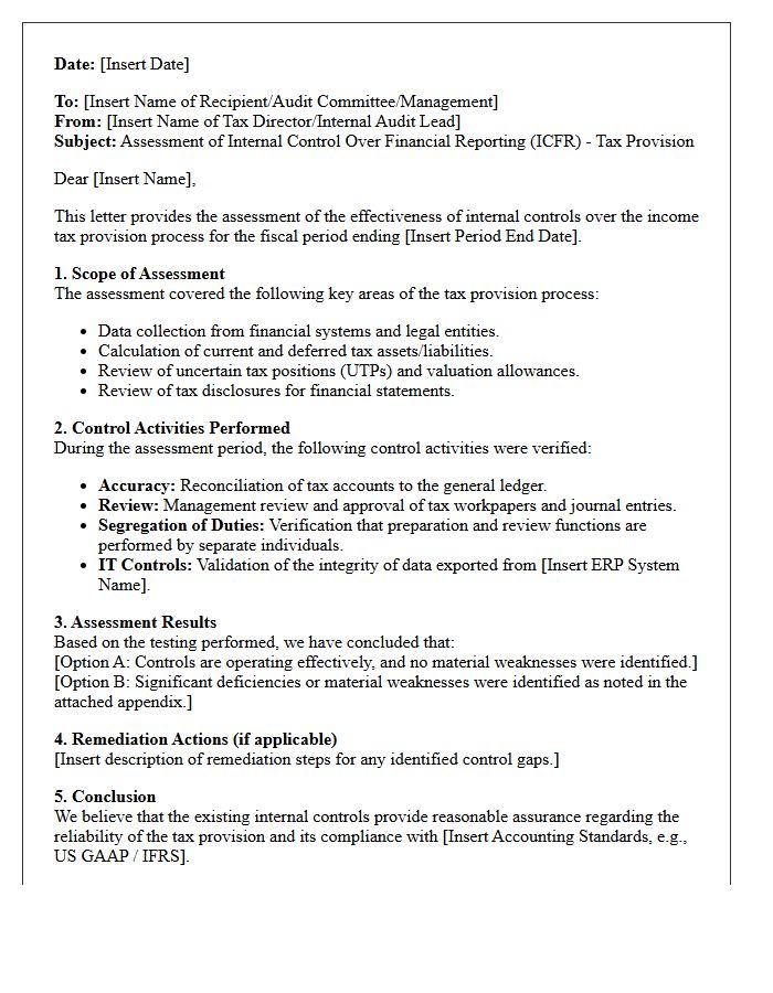 Internal Control Over Tax Provision Assessment Letter