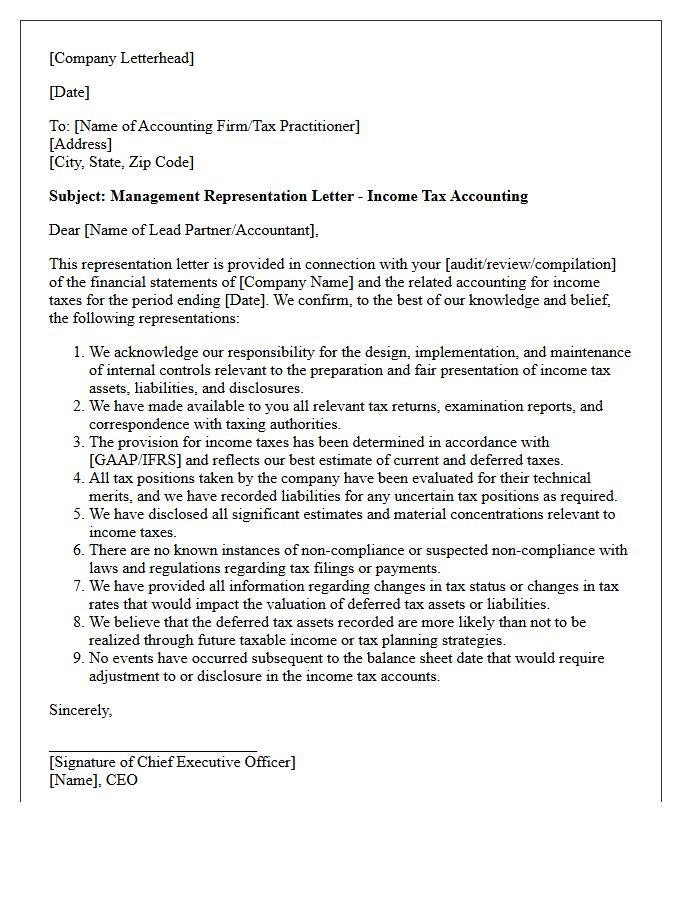 Management Representation Letter for Income Tax Accounting