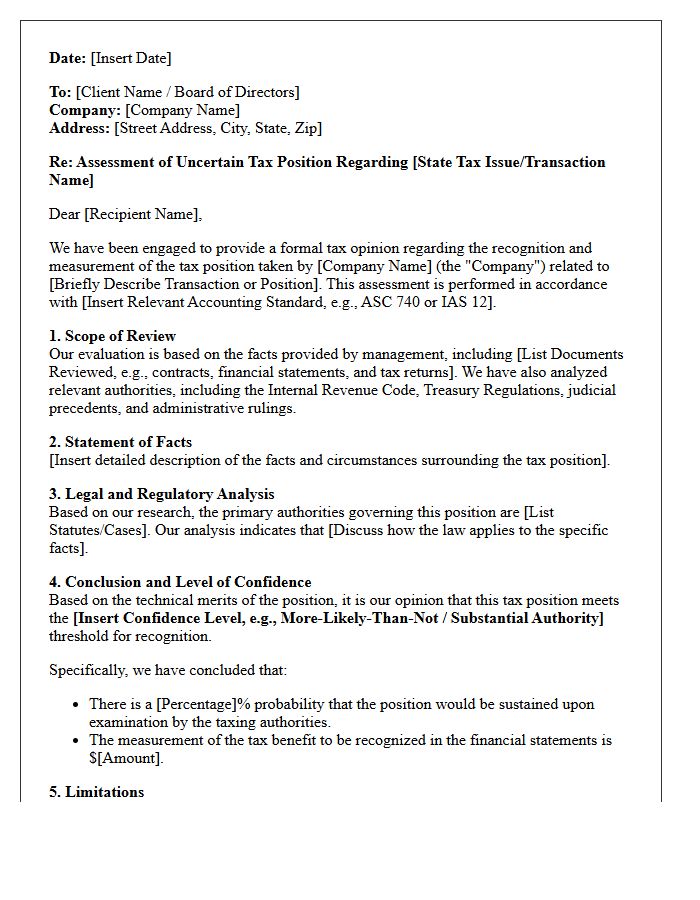 Uncertain Tax Position Assessment Opinion Letter