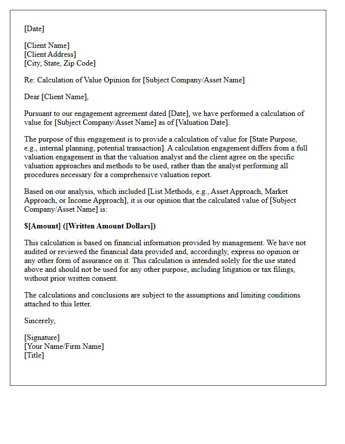 Calculation of Value Opinion Letter