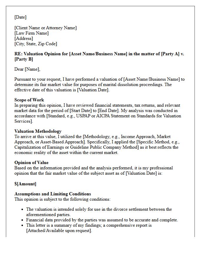 Divorce Settlement Valuation Opinion Letter