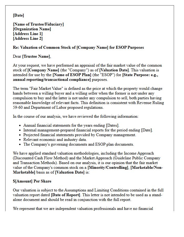 Employee Stock Ownership Plan Valuation Opinion Letter