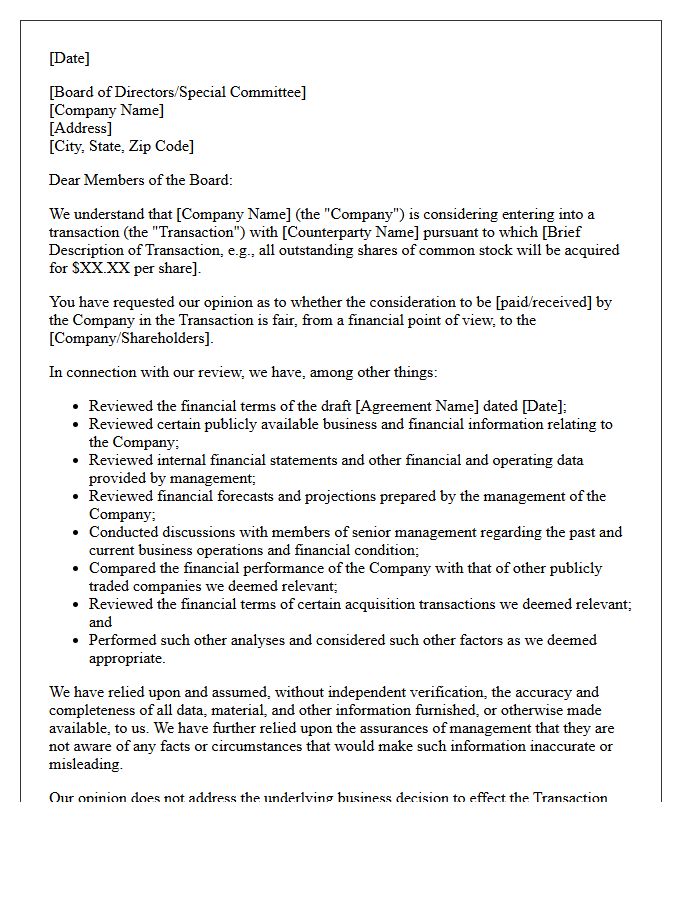 Fairness Opinion Valuation Letter