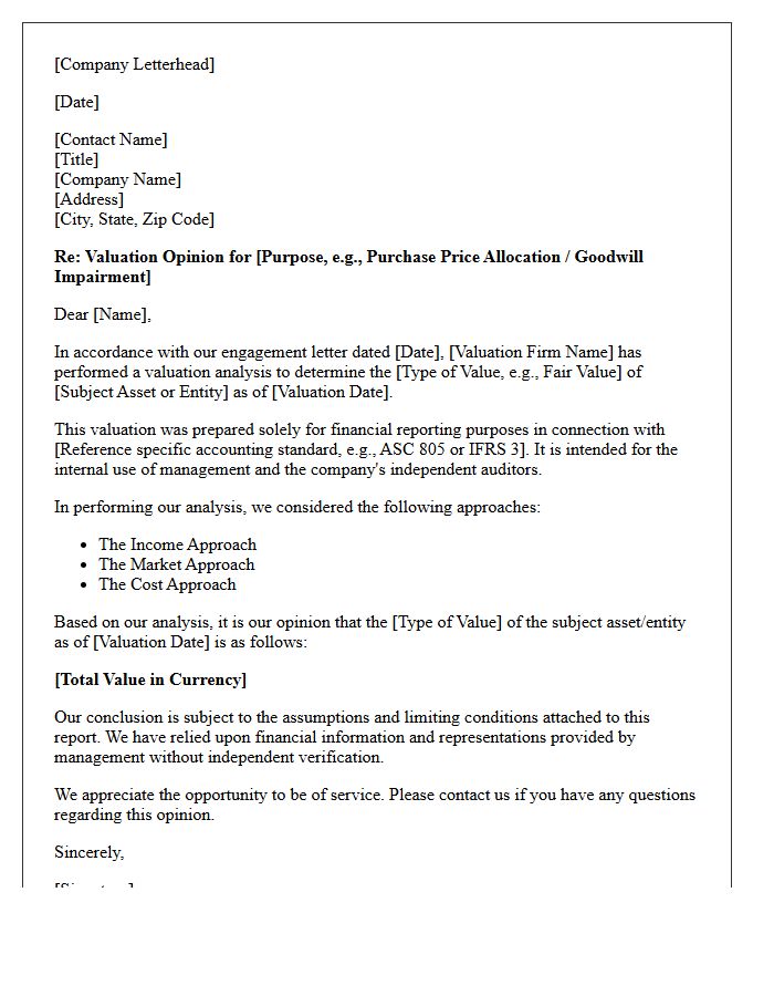 Financial Reporting Valuation Opinion Letter
