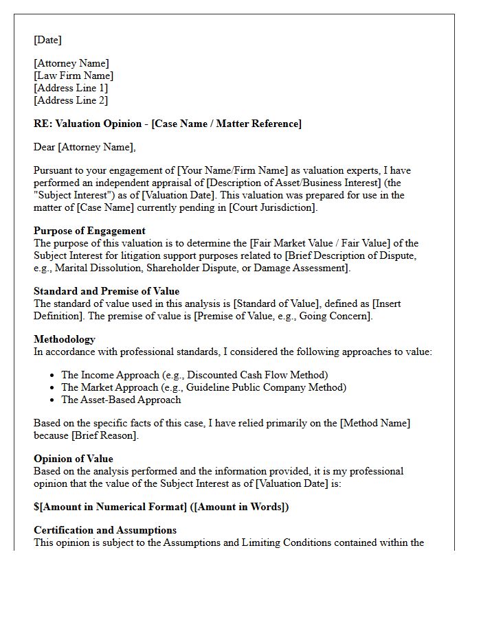 Litigation Support Valuation Opinion Letter