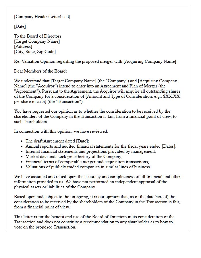 Mergers and Acquisitions Valuation Opinion Letter