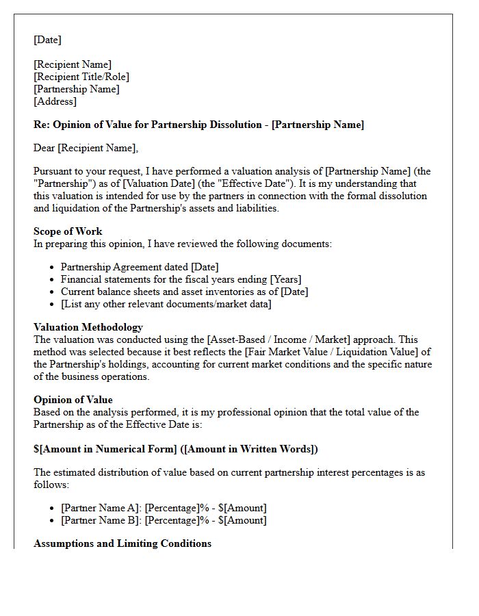 Partnership Dissolution Valuation Opinion Letter