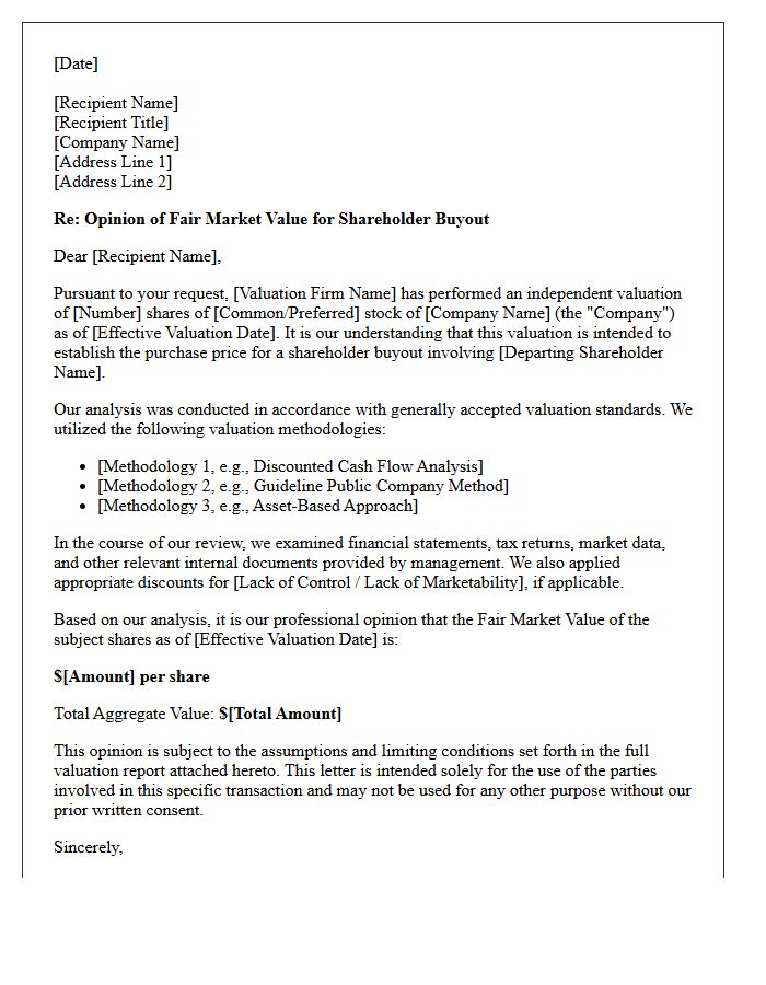 Shareholder Buyout Valuation Opinion Letter