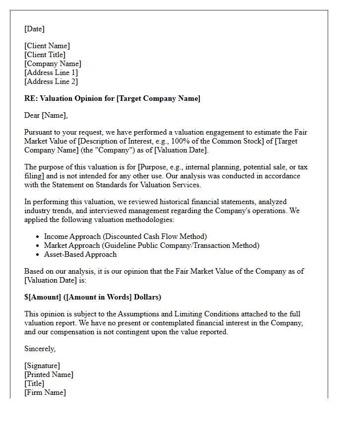 Standard Business Valuation Opinion Letter
