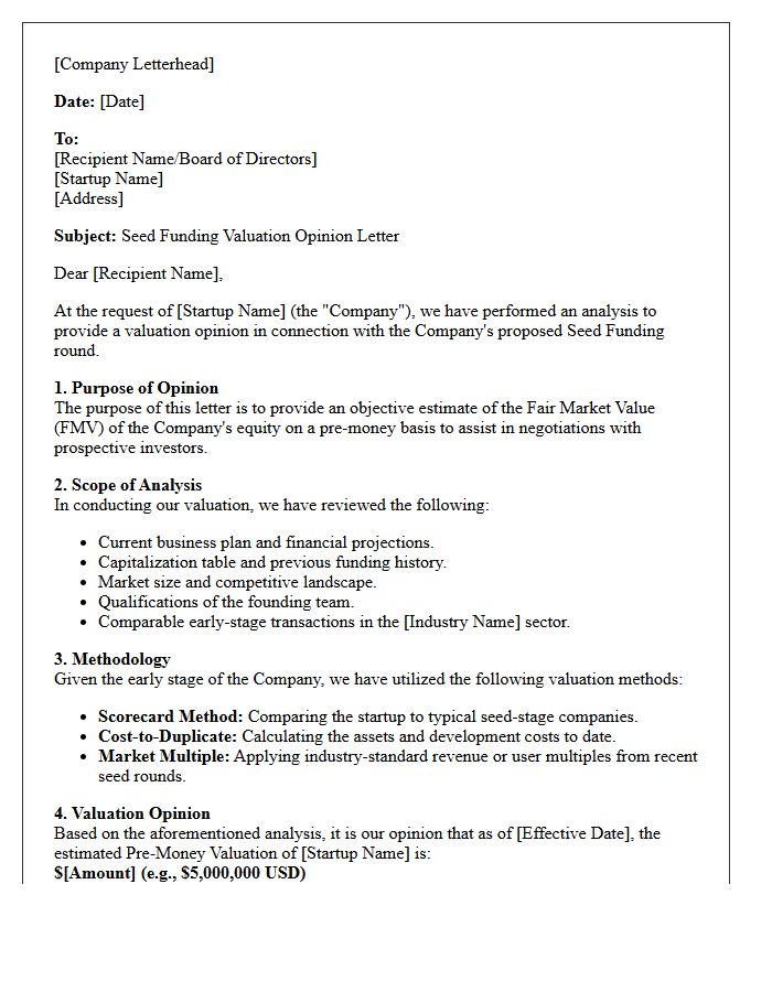 Startup Seed Funding Valuation Opinion Letter
