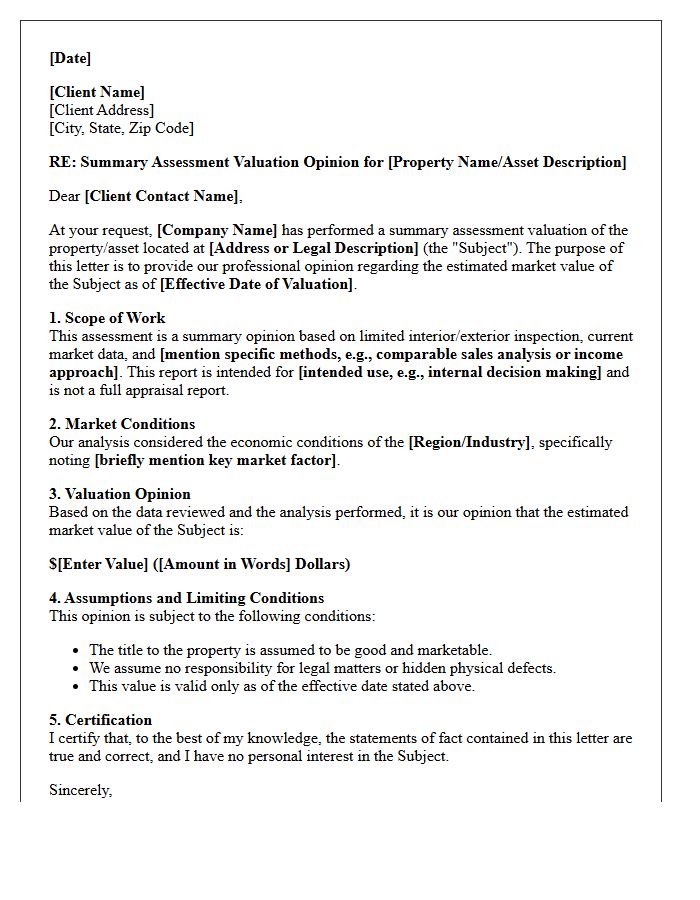 Summary Assessment Valuation Opinion Letter